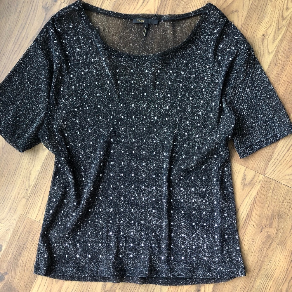 maje sheer sparkle glitter mesh t shirt party top black silver size small French